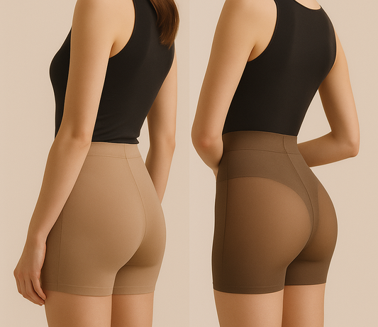 Before and after comparison of a person wearing beige shorts on a beige background